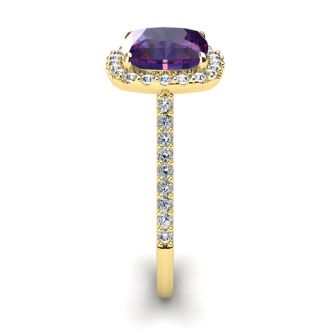 2 1/2 Carat Cushion Cut Amethyst and Halo Diamond Ring In 14K Yellow Gold