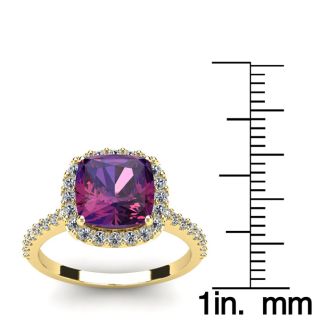 2 1/2 Carat Cushion Cut Amethyst and Halo Diamond Ring In 14K Yellow Gold