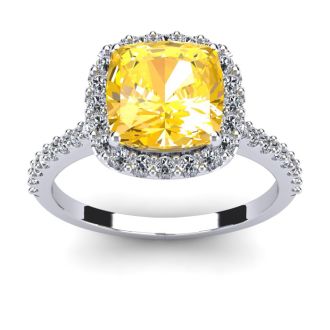 2 1/2 Carat Cushion Cut Citrine and Halo Diamond Ring In 14K White Gold