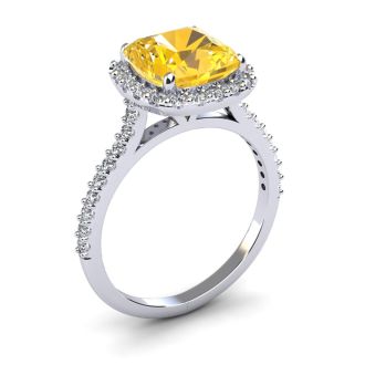 2 1/2 Carat Cushion Cut Citrine and Halo Diamond Ring In 14K White Gold