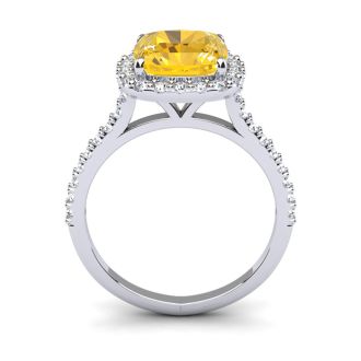 2 1/2 Carat Cushion Cut Citrine and Halo Diamond Ring In 14K White Gold