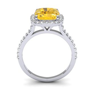 2 1/2 Carat Cushion Cut Citrine and Halo Diamond Ring In 14K White Gold