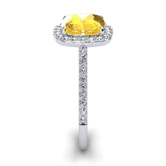 2 1/2 Carat Cushion Cut Citrine and Halo Diamond Ring In 14K White Gold
