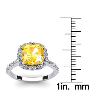 2 1/2 Carat Cushion Cut Citrine and Halo Diamond Ring In 14K White Gold