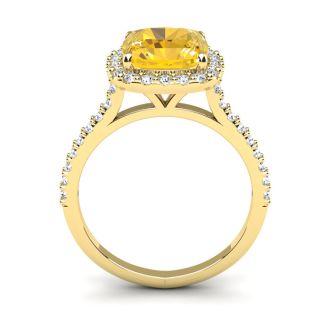 2 1/2 Carat Cushion Cut Citrine and Halo Diamond Ring In 14K Yellow Gold