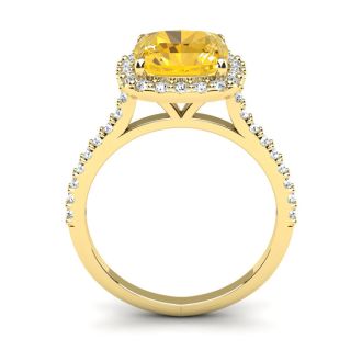 2 1/2 Carat Cushion Cut Citrine and Halo Diamond Ring In 14K Yellow Gold