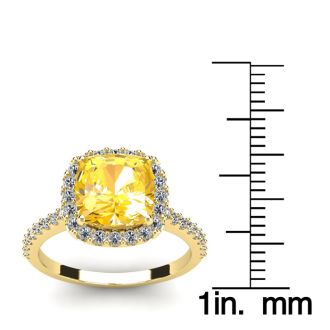 2 1/2 Carat Cushion Cut Citrine and Halo Diamond Ring In 14K Yellow Gold