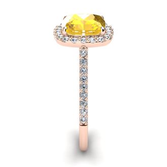 2 1/2 Carat Cushion Cut Citrine and Halo Diamond Ring In 14K Rose Gold