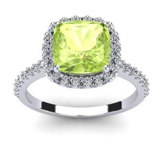3 Carat Cushion Cut Peridot and Halo Diamond Ring In 14K White Gold