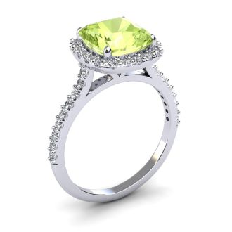 3 Carat Cushion Cut Peridot and Halo Diamond Ring In 14K White Gold