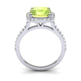 3 Carat Cushion Cut Peridot and Halo Diamond Ring In 14K White Gold