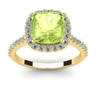 3 Carat Cushion Cut Peridot and Halo Diamond Ring In 14K Yellow Gold