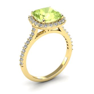 3 Carat Cushion Cut Peridot and Halo Diamond Ring In 14K Yellow Gold