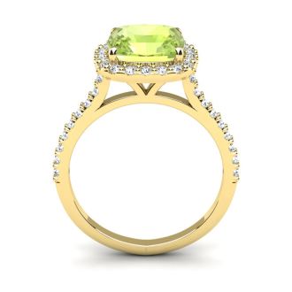 3 Carat Cushion Cut Peridot and Halo Diamond Ring In 14K Yellow Gold