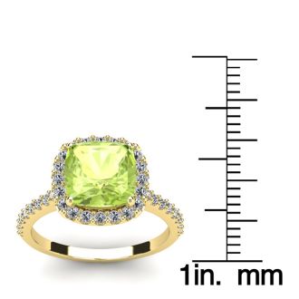 3 Carat Cushion Cut Peridot and Halo Diamond Ring In 14K Yellow Gold