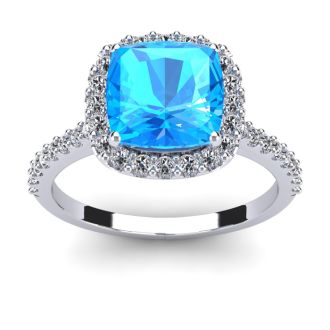 3 Carat Cushion Cut Blue Topaz and Halo Diamond Ring In 14K White Gold