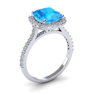 3 Carat Cushion Cut Blue Topaz and Halo Diamond Ring In 14K White Gold
