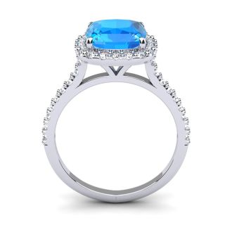 3 Carat Cushion Cut Blue Topaz and Halo Diamond Ring In 14K White Gold