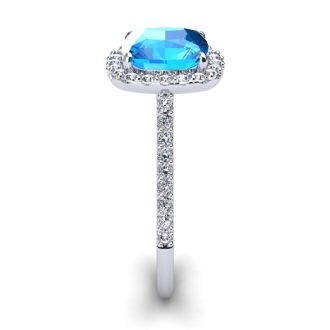 3 Carat Cushion Cut Blue Topaz and Halo Diamond Ring In 14K White Gold