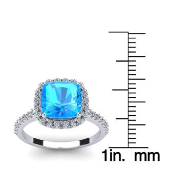 3 Carat Cushion Cut Blue Topaz and Halo Diamond Ring In 14K White Gold