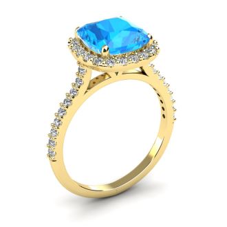 3 Carat Cushion Cut Blue Topaz and Halo Diamond Ring In 14K Yellow Gold