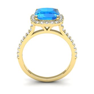 3 Carat Cushion Cut Blue Topaz and Halo Diamond Ring In 14K Yellow Gold