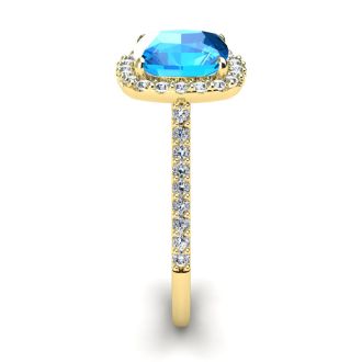 3 Carat Cushion Cut Blue Topaz and Halo Diamond Ring In 14K Yellow Gold