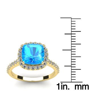 3 Carat Cushion Cut Blue Topaz and Halo Diamond Ring In 14K Yellow Gold