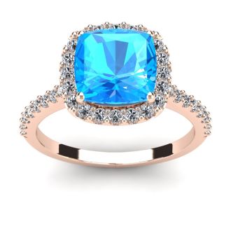 3 Carat Cushion Cut Blue Topaz and Halo Diamond Ring In 14K Rose Gold