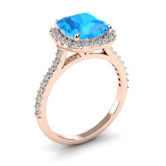 3 Carat Cushion Cut Blue Topaz and Halo Diamond Ring In 14K Rose Gold