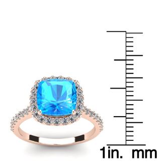 3 Carat Cushion Cut Blue Topaz and Halo Diamond Ring In 14K Rose Gold