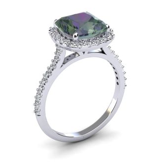 2 1/2 Carat Cushion Cut Mystic Topaz and Halo Diamond Ring In 14K White Gold