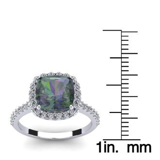 2 1/2 Carat Cushion Cut Mystic Topaz and Halo Diamond Ring In 14K White Gold