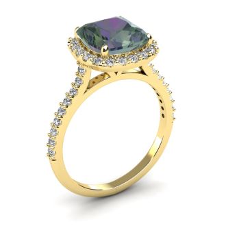 2-1/2 Carat Cushion Shape Mystic Topaz Ring With Diamond Halo In 14 Karat Yellow Gold