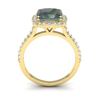 2-1/2 Carat Cushion Shape Mystic Topaz Ring With Diamond Halo In 14 Karat Yellow Gold