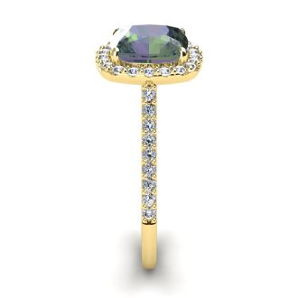 2-1/2 Carat Cushion Shape Mystic Topaz Ring With Diamond Halo In 14 Karat Yellow Gold