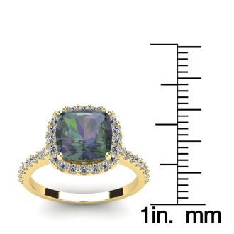 2-1/2 Carat Cushion Shape Mystic Topaz Ring With Diamond Halo In 14 Karat Yellow Gold