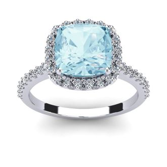 Aquamarine Ring: Aquamarine Jewelry: 2 1/2 Carat Cushion Cut Aquamarine and Halo Diamond Ring In 14K White Gold