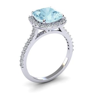 Aquamarine Ring: Aquamarine Jewelry: 2 1/2 Carat Cushion Cut Aquamarine and Halo Diamond Ring In 14K White Gold
