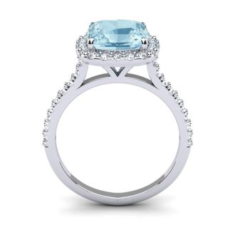 Aquamarine Ring: Aquamarine Jewelry: 2 1/2 Carat Cushion Cut Aquamarine and Halo Diamond Ring In 14K White Gold