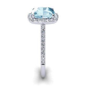 Aquamarine Ring: Aquamarine Jewelry: 2 1/2 Carat Cushion Cut Aquamarine and Halo Diamond Ring In 14K White Gold
