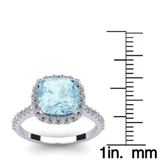 Aquamarine Ring: Aquamarine Jewelry: 2 1/2 Carat Cushion Cut Aquamarine and Halo Diamond Ring In 14K White Gold