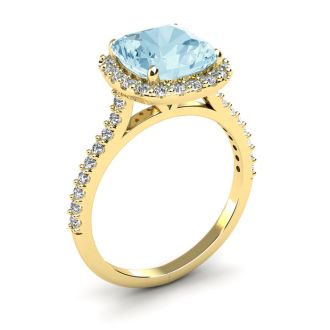 Aquamarine Ring: Aquamarine Jewelry: 2 1/2 Carat Cushion Cut Aquamarine and Halo Diamond Ring In 14K Yellow Gold