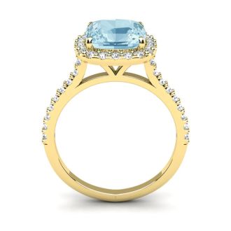 Aquamarine Ring: Aquamarine Jewelry: 2 1/2 Carat Cushion Cut Aquamarine and Halo Diamond Ring In 14K Yellow Gold