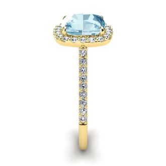 Aquamarine Ring: Aquamarine Jewelry: 2 1/2 Carat Cushion Cut Aquamarine and Halo Diamond Ring In 14K Yellow Gold