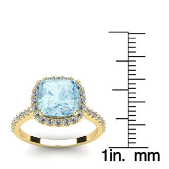 Aquamarine Ring: Aquamarine Jewelry: 2 1/2 Carat Cushion Cut Aquamarine and Halo Diamond Ring In 14K Yellow Gold