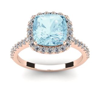 Aquamarine Ring: Aquamarine Jewelry: 2 1/2 Carat Cushion Cut Aquamarine and Halo Diamond Ring In 14K Rose Gold