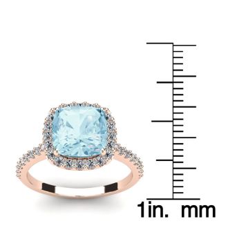 Aquamarine Ring: Aquamarine Jewelry: 2 1/2 Carat Cushion Cut Aquamarine and Halo Diamond Ring In 14K Rose Gold