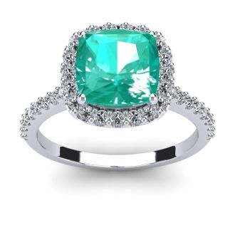 2 1/2 Carat Cushion Cut Emerald and Halo Diamond Ring In 14K White Gold
