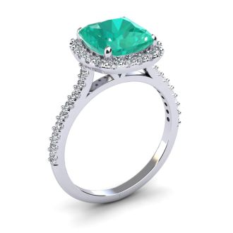 2 1/2 Carat Cushion Cut Emerald and Halo Diamond Ring In 14K White Gold